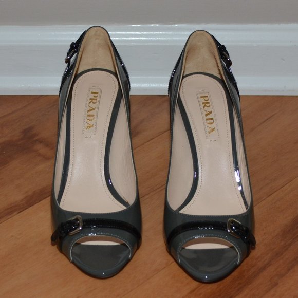 Prada Calzature Donna Patent leather Nebbia Gray Peep Toe Pumps Italy - Picture 3 of 15